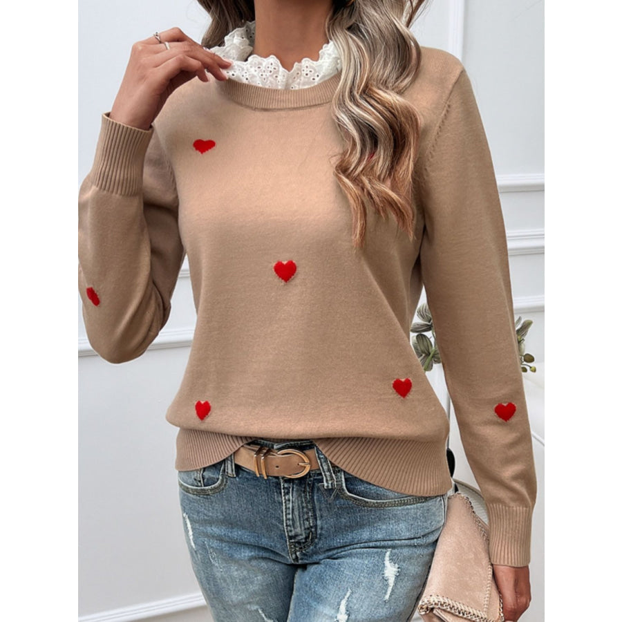 Lace Detail Heart Long Sleeve Sweater Apparel and Accessories