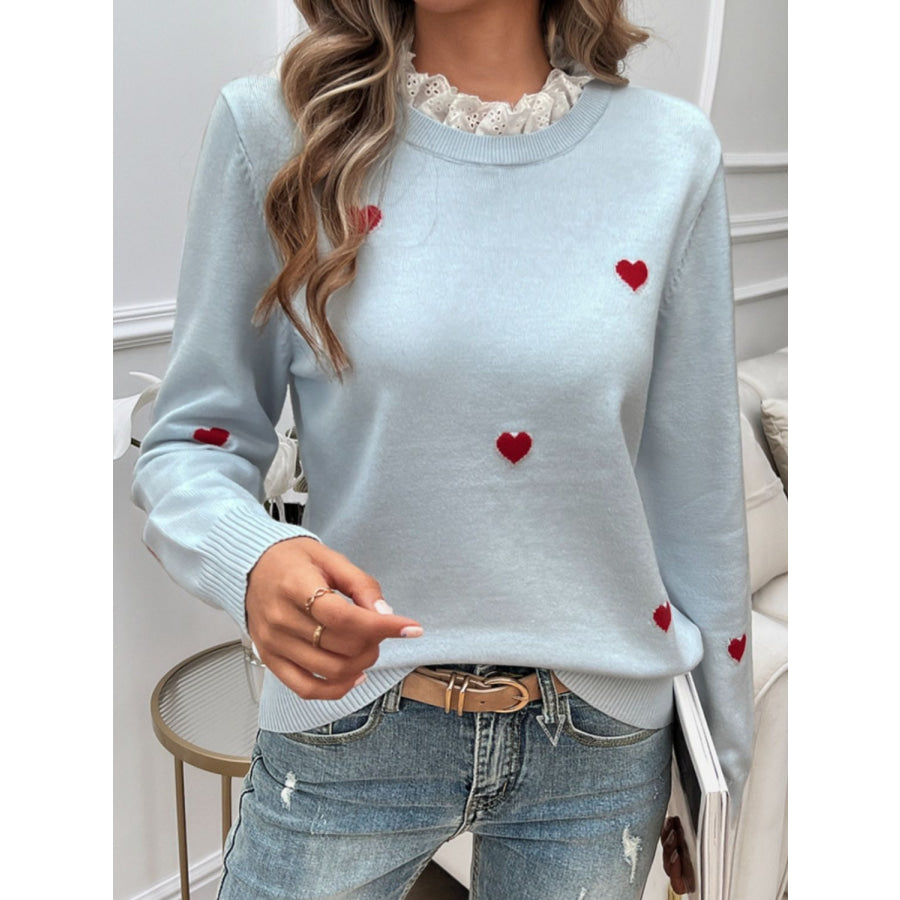 Lace Detail Heart Long Sleeve Sweater Apparel and Accessories