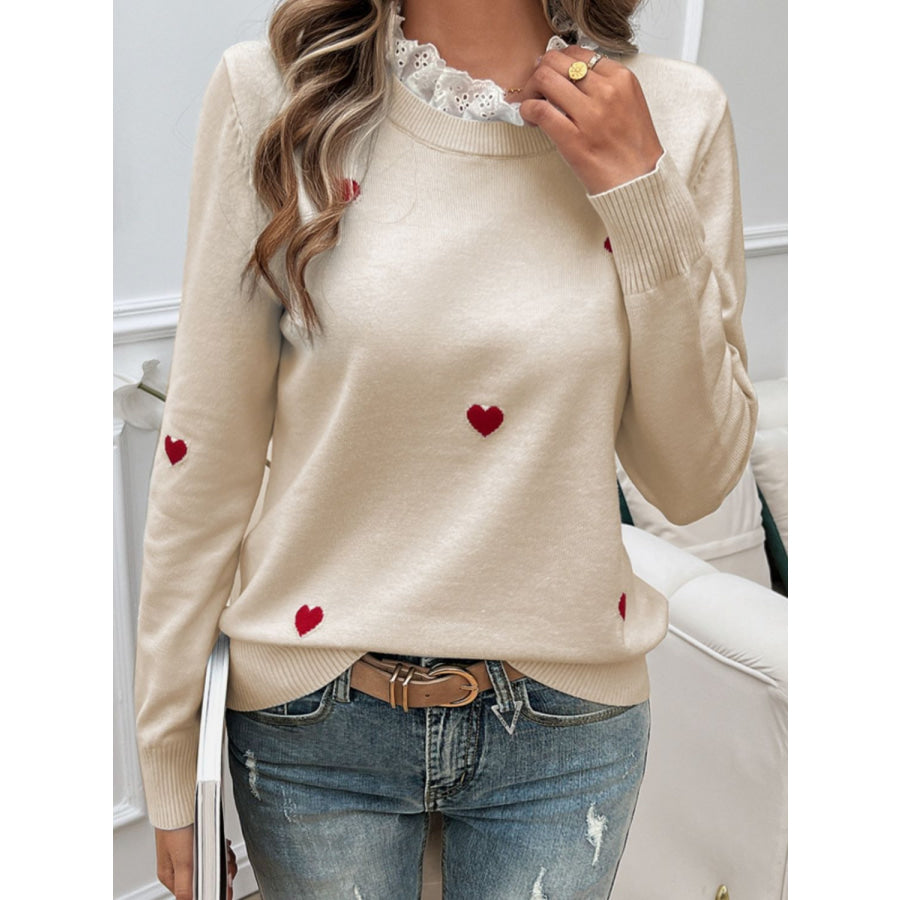 Lace Detail Heart Long Sleeve Sweater Apparel and Accessories