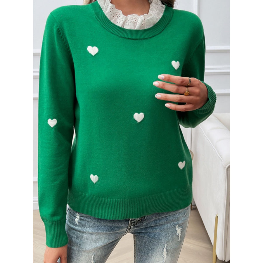 Lace Detail Heart Long Sleeve Sweater Apparel and Accessories