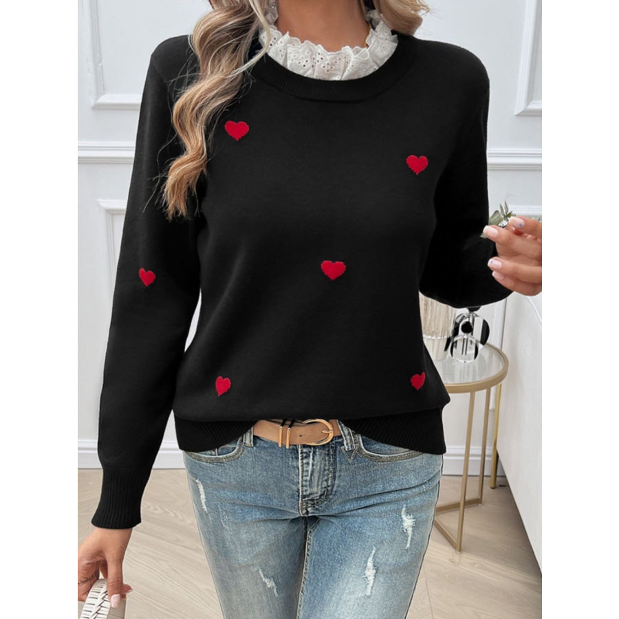 Lace Detail Heart Long Sleeve Sweater Apparel and Accessories