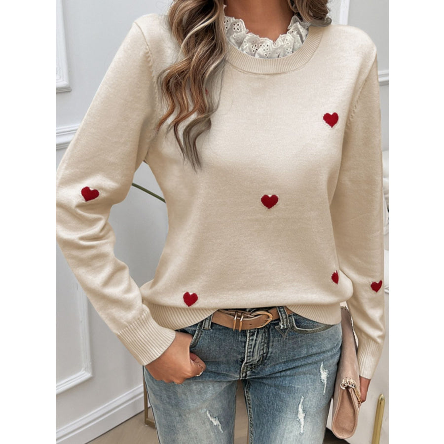 Lace Detail Heart Long Sleeve Sweater Beige / S Apparel and Accessories