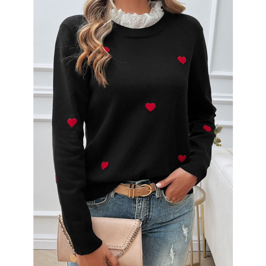 Lace Detail Heart Long Sleeve Sweater Black / S Apparel and Accessories