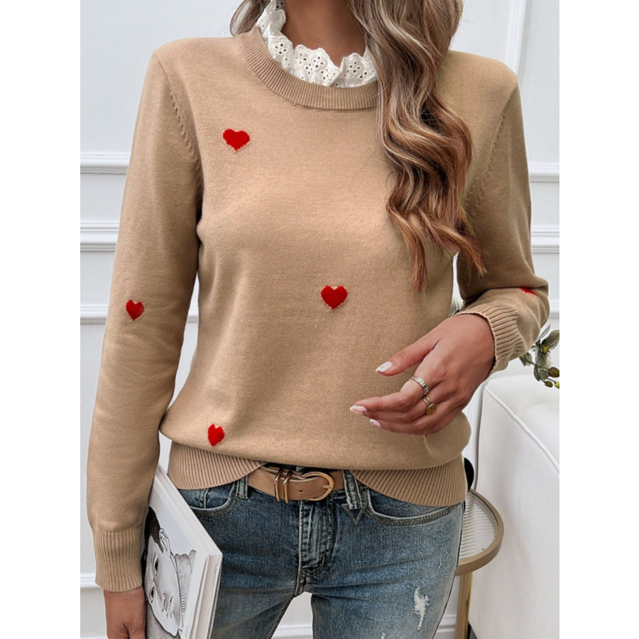 Lace Detail Heart Long Sleeve Sweater Camel / S Apparel and Accessories