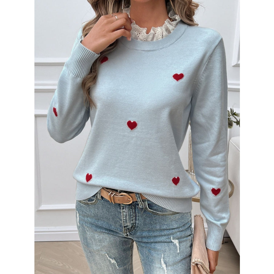 Lace Detail Heart Long Sleeve Sweater Light Blue / S Apparel and Accessories