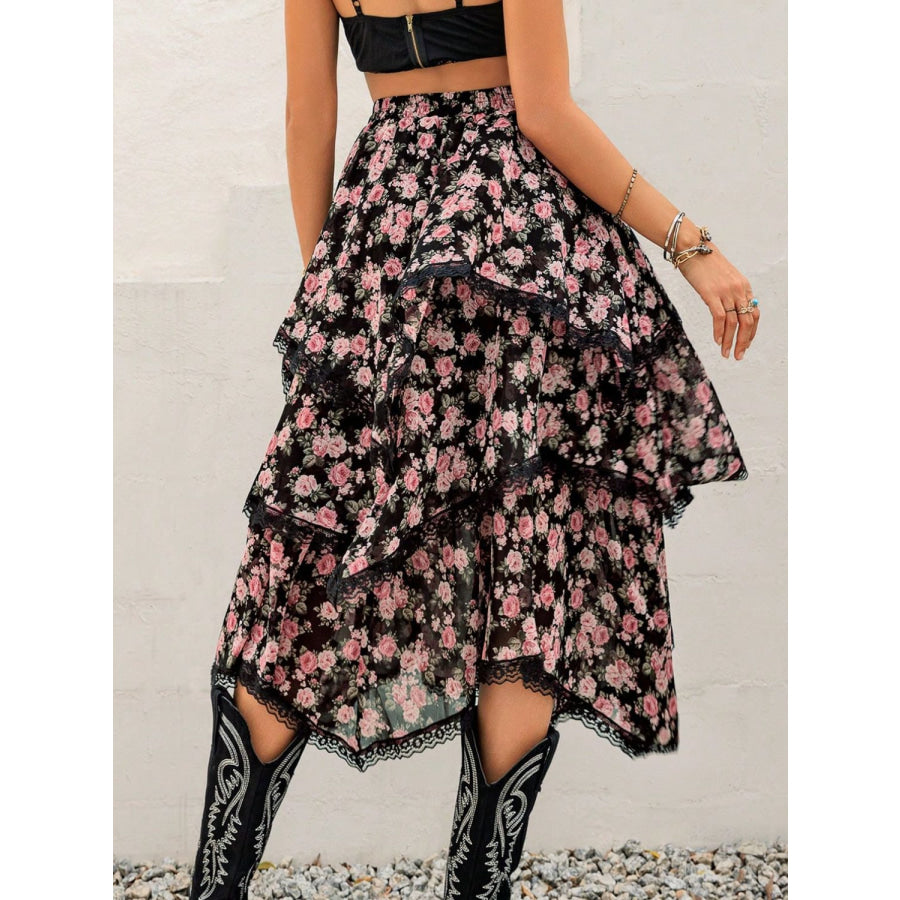 Lace Detail Layered Printed Skirt Apparel and Accessories