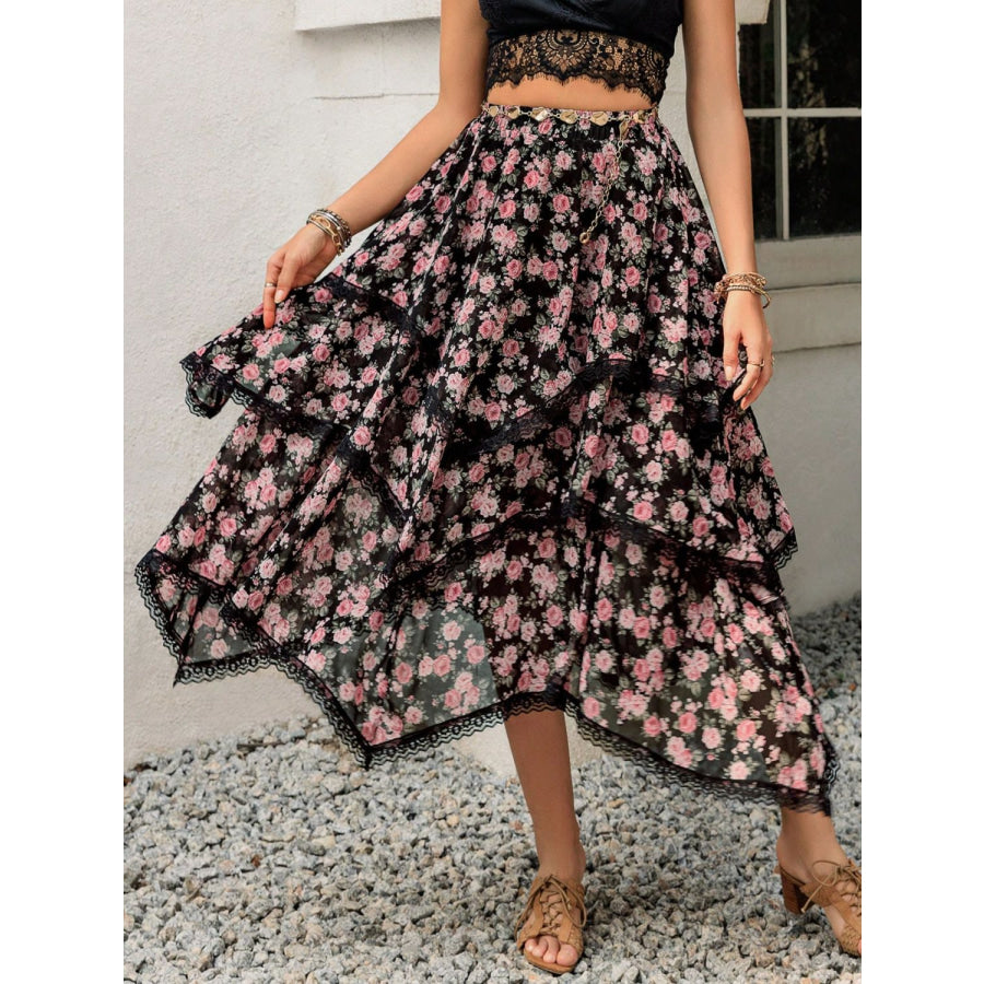 Lace Detail Layered Printed Skirt Black / S Apparel and Accessories