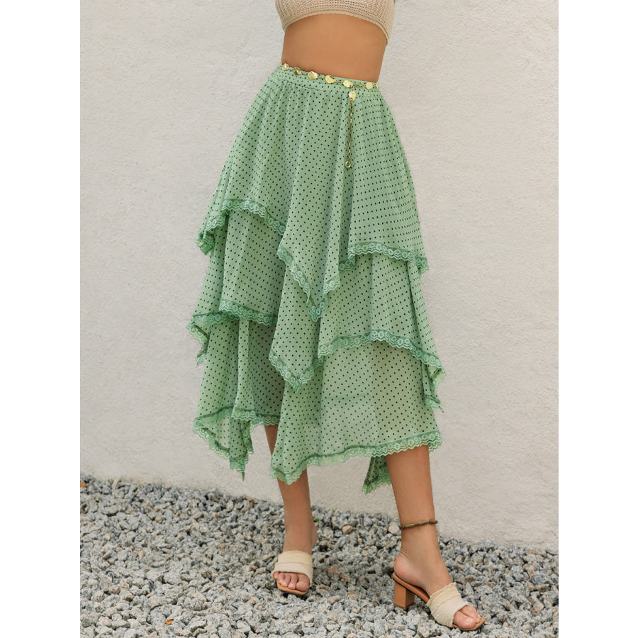 Lace Detail Layered Printed Skirt Gum Leaf / S Apparel and Accessories