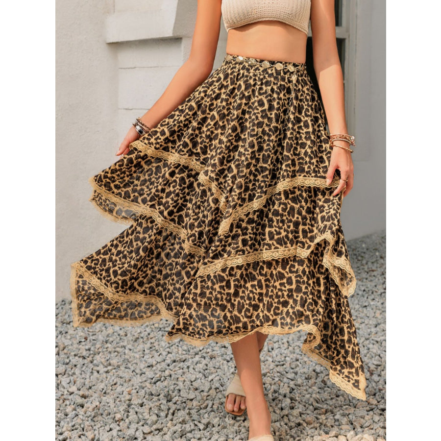 Lace Detail Layered Printed Skirt Leopard / S Apparel and Accessories