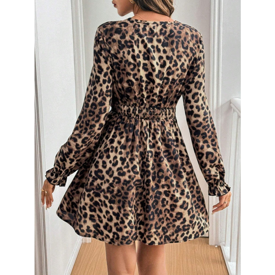 Lace Detail Leopard Flounce Sleeve Mini Dress Apparel and Accessories