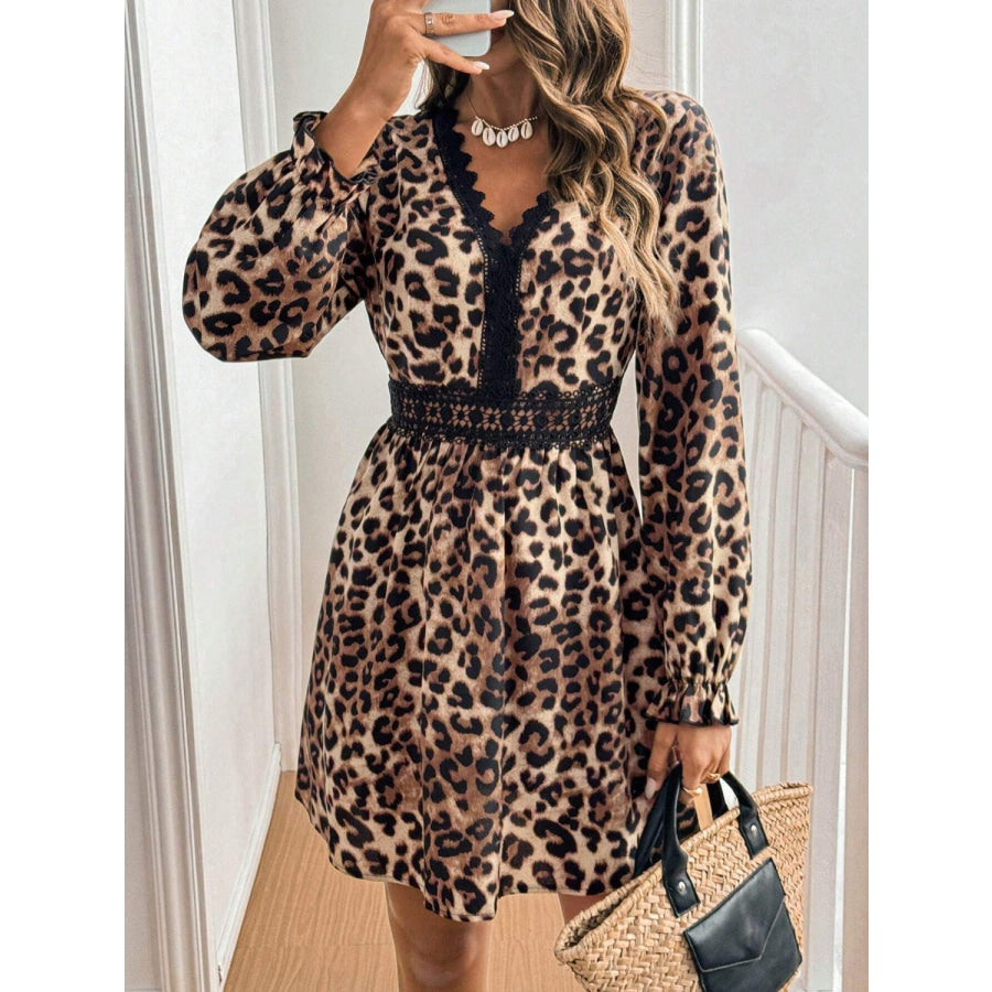 Lace Detail Leopard Flounce Sleeve Mini Dress Leopard / S Apparel and Accessories