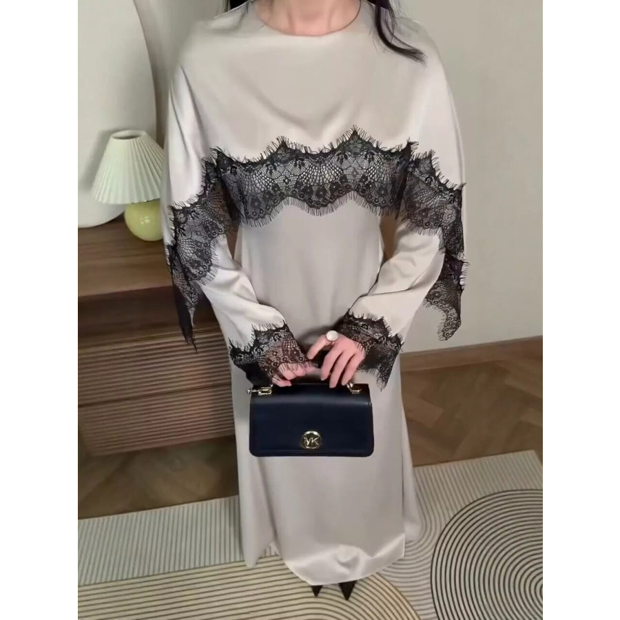 Lace Detail Long Sleeve Maxi Dress Silver / S Apparel and Accessories