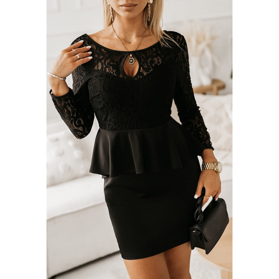 Lace Detail Long Sleeve Mini Dress Black / S Apparel and Accessories