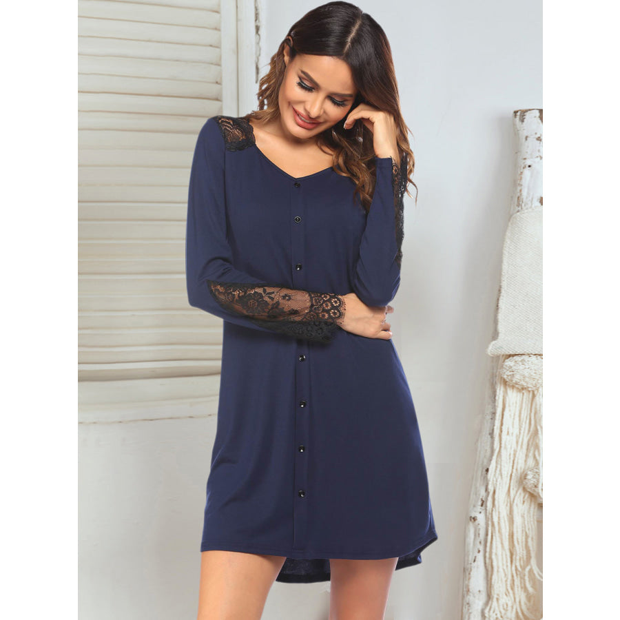 Lace Detail Long Sleeve Mini Lounge Dress Apparel and Accessories