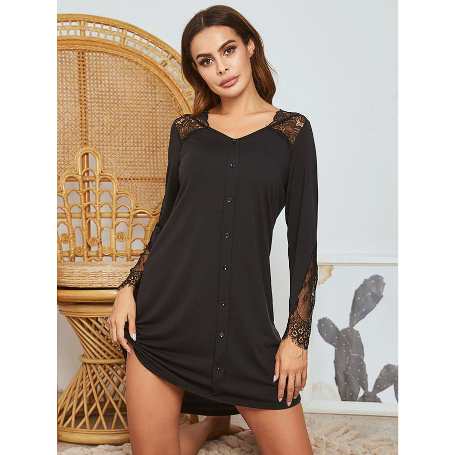 Lace Detail Long Sleeve Mini Lounge Dress Apparel and Accessories