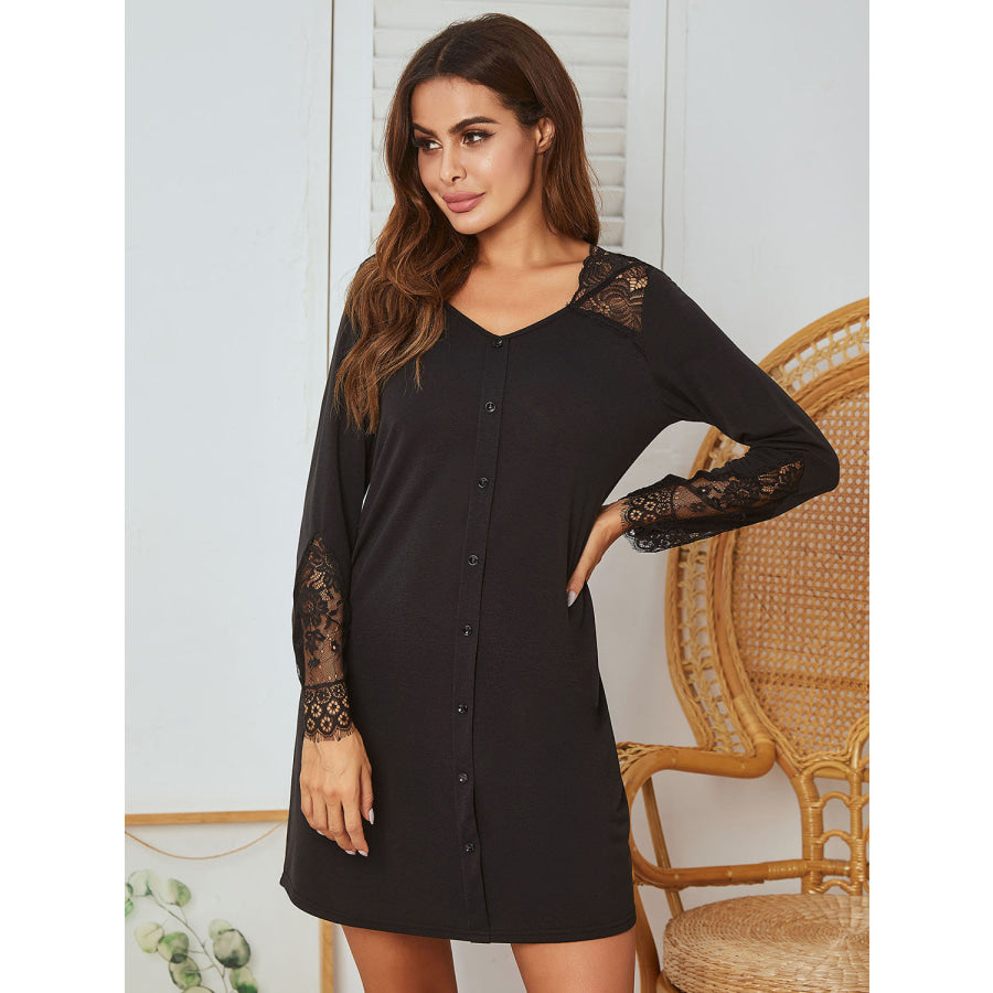 Lace Detail Long Sleeve Mini Lounge Dress Black / S Apparel and Accessories