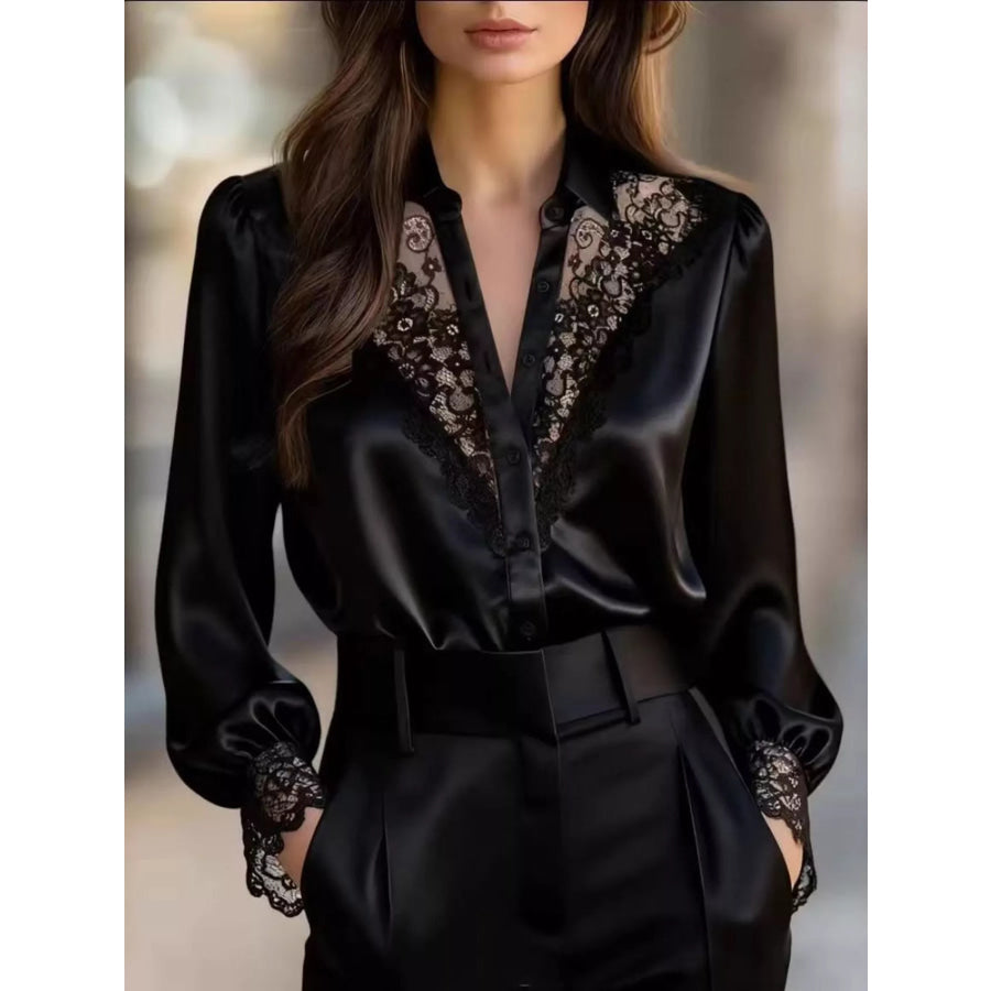 Lace Detail Long Sleeve Shirt Black / S Apparel and Accessories