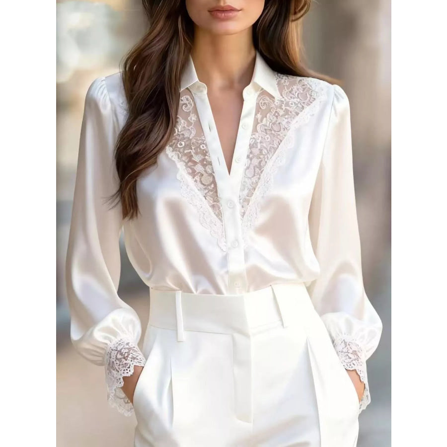 Lace Detail Long Sleeve Shirt White / S Apparel and Accessories