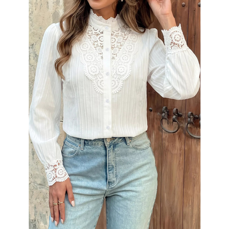 Lace Detail Long Sleeve Shirt White / S Apparel and Accessories