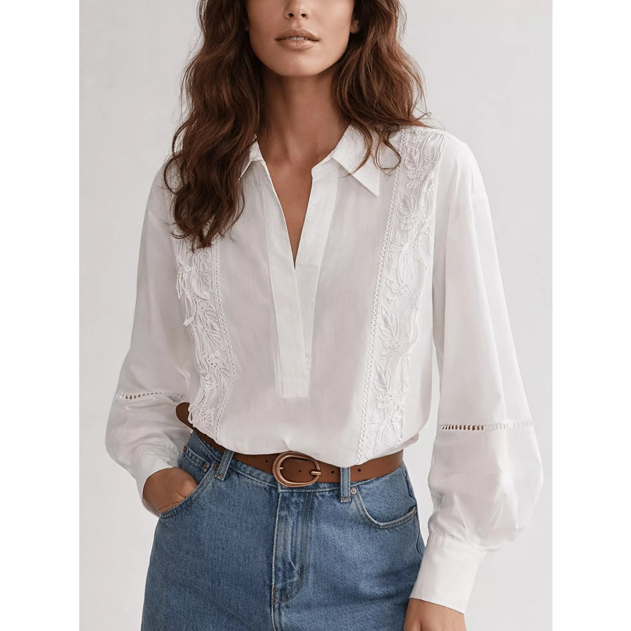 Lace Detail Long Sleeve Shirt White / XS Apparel and Accessories