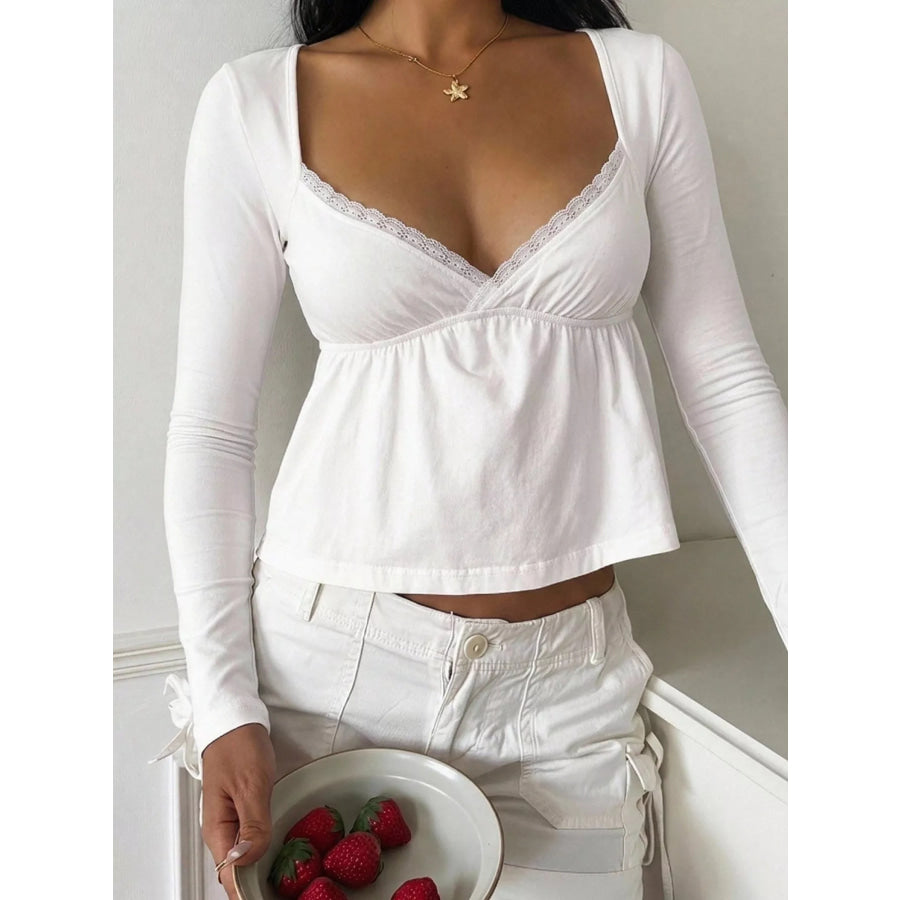 Lace Detail Long Sleeve T-Shirt Beige / S Apparel and Accessories