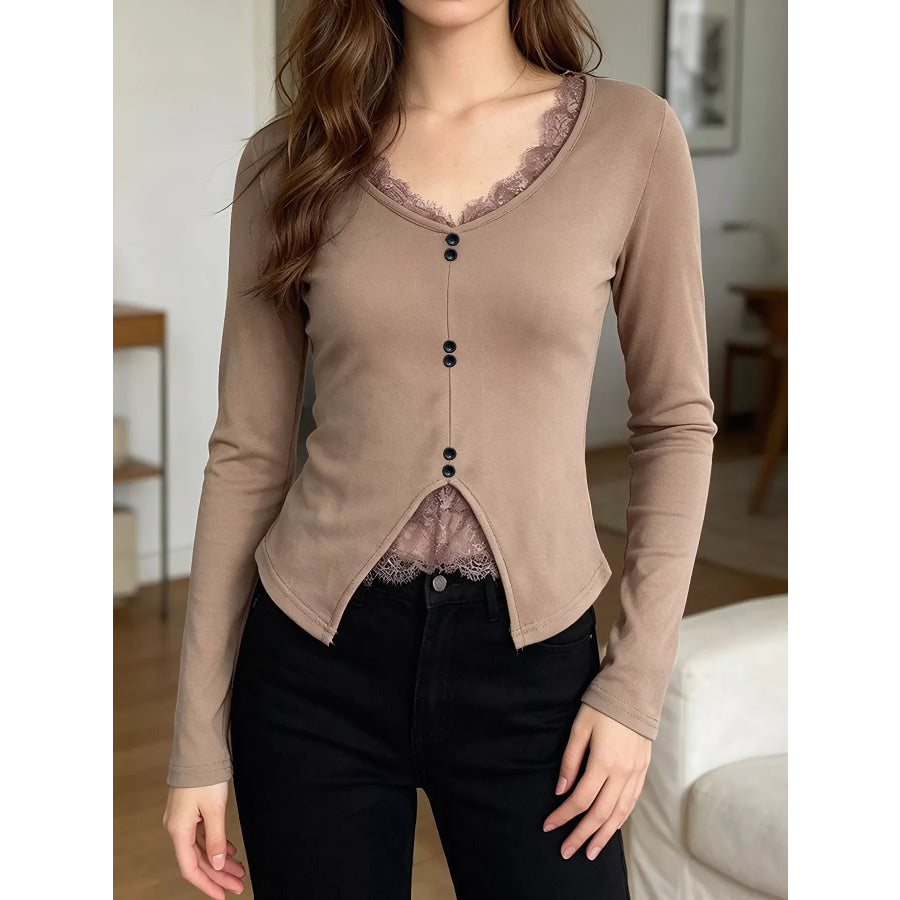 Lace Detail Long Sleeve T-Shirt Khaki / M Apparel and Accessories