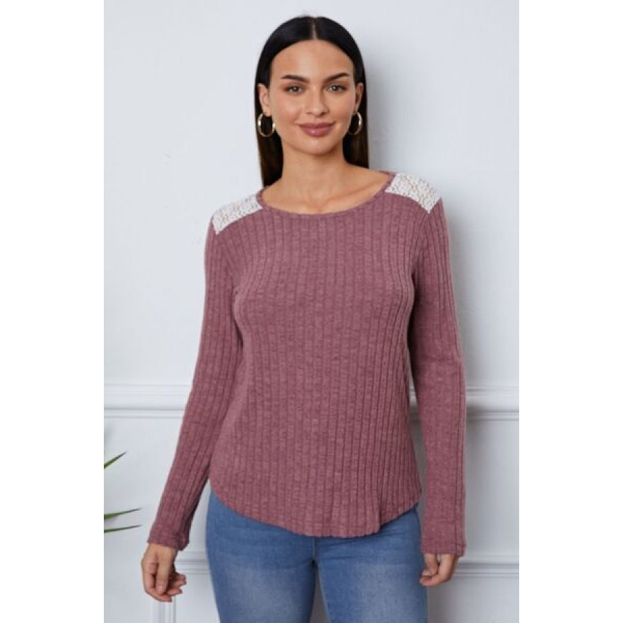 Lace Detail Long Sleeve T-Shirt Light Mauve / S Clothing