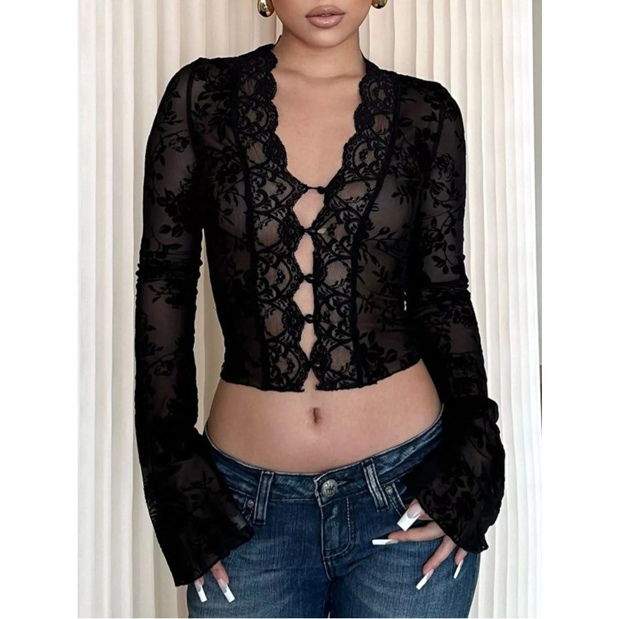 Lace Detail Long Sleeve Top Black / S Apparel and Accessories