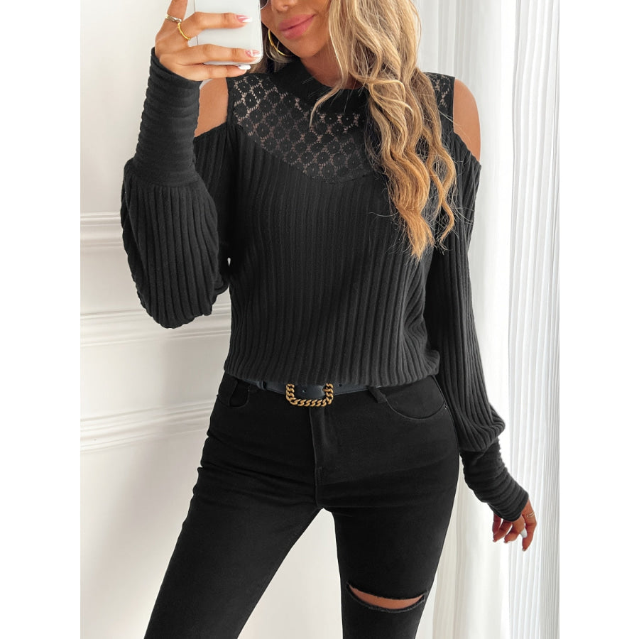 Lace Detail Mock Neck Cold Shoulder T-Shirt Black / S Apparel and Accessories