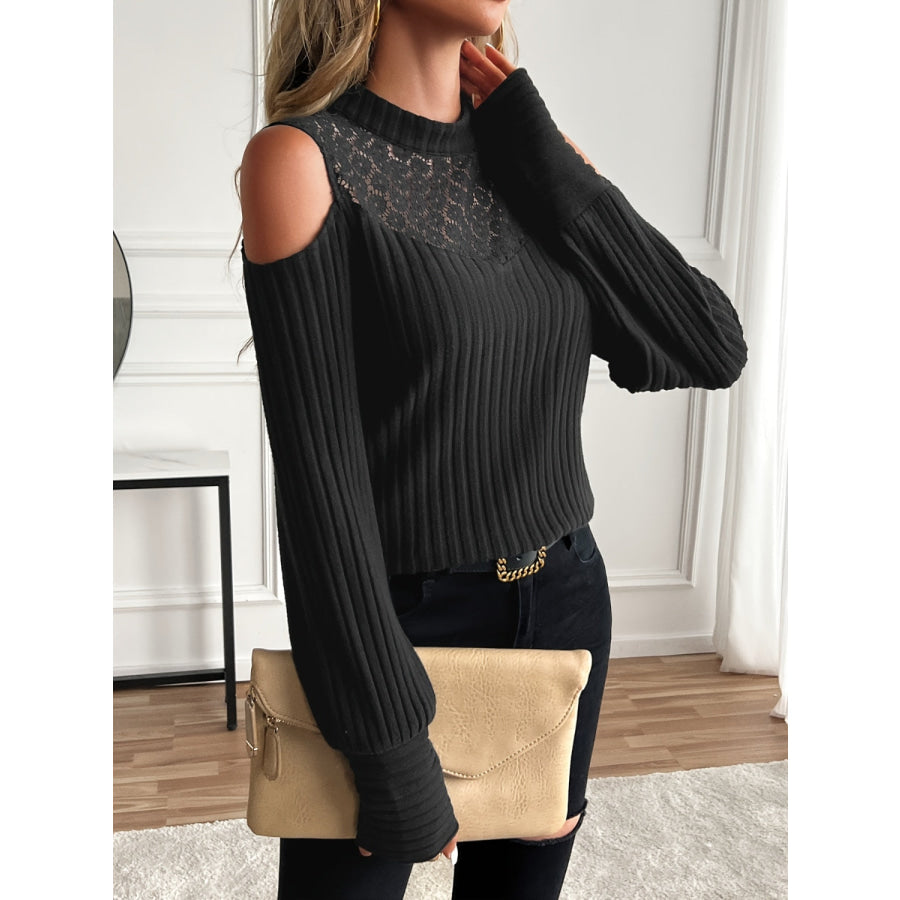 Lace Detail Mock Neck Cold Shoulder T-Shirt Apparel and Accessories