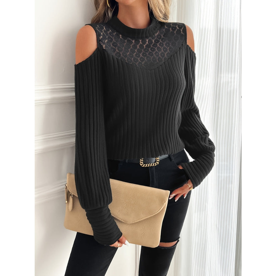 Lace Detail Mock Neck Cold Shoulder T-Shirt Apparel and Accessories