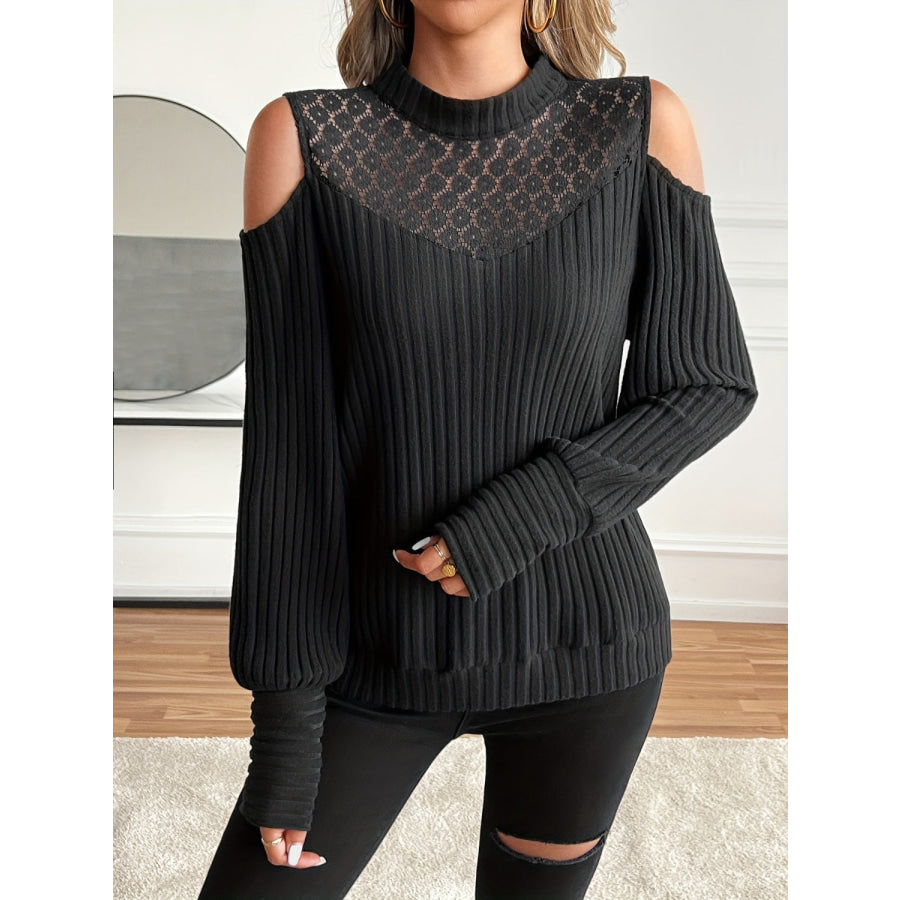 Lace Detail Mock Neck Cold Shoulder T-Shirt Apparel and Accessories