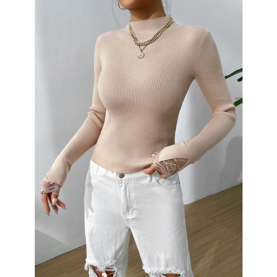 Lace Detail Mock Neck Long Sleeve Sweater Apparel and Accessories