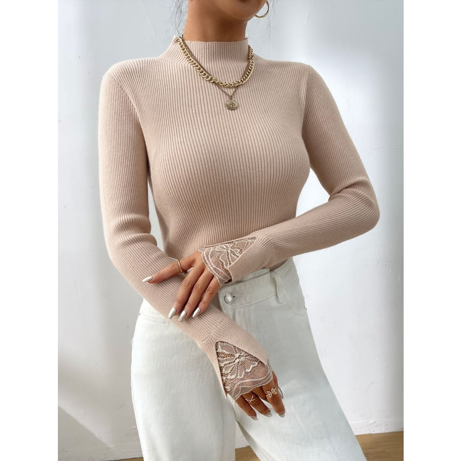 Lace Detail Mock Neck Long Sleeve Sweater Apparel and Accessories