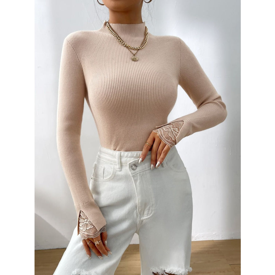Lace Detail Mock Neck Long Sleeve Sweater Dust Storm / S Apparel and Accessories