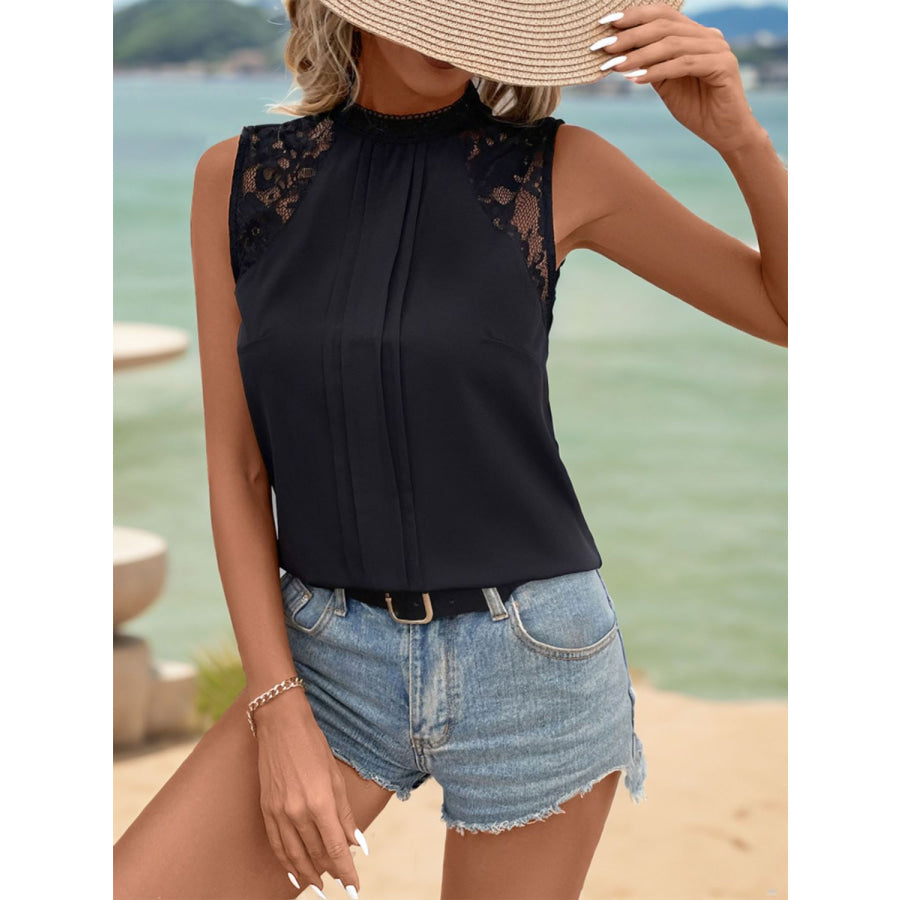 Lace Detail Mock Neck Sleeveless Top Apparel and Accessories