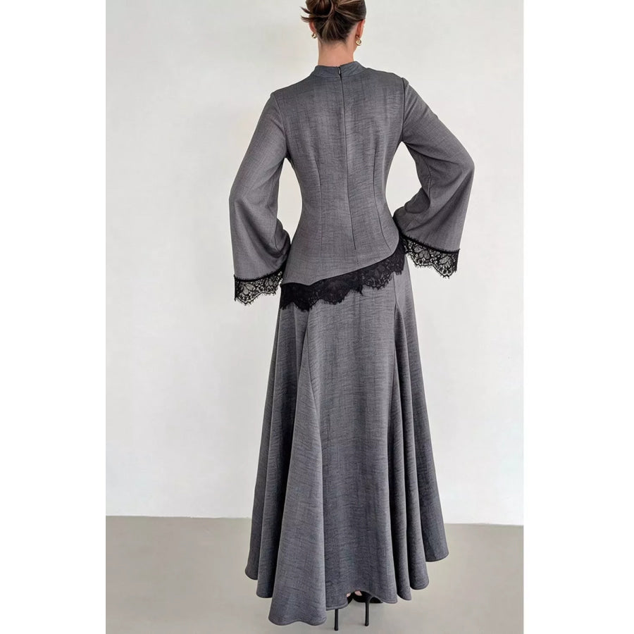 Lace Detail Mock Neck Top and Skirt Set Dark Gray / S Apparel and Accessories