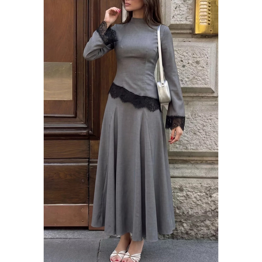 Lace Detail Mock Neck Top and Skirt Set Dark Gray / S Apparel and Accessories