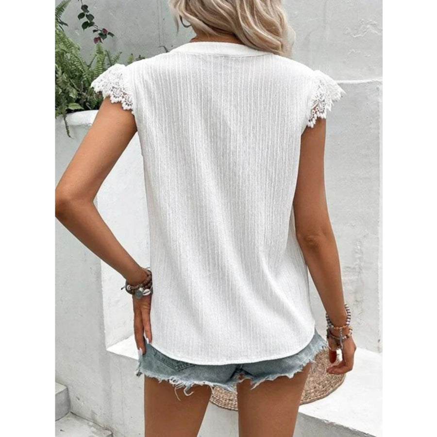 Lace Detail Notched Cap Sleeve Blouse Apparel and Accessories