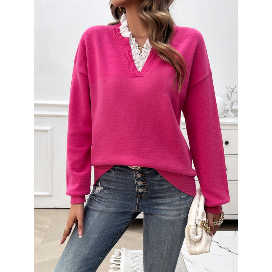 Lace Detail Notched Long Sleeve Sweater Apparel and Accessories