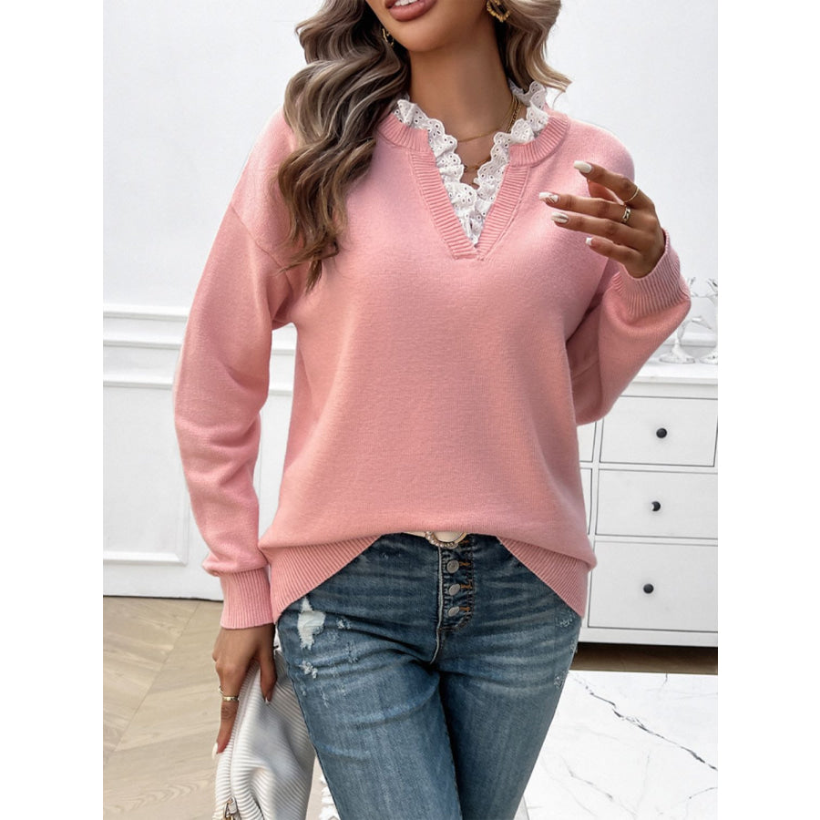 Lace Detail Notched Long Sleeve Sweater Apparel and Accessories