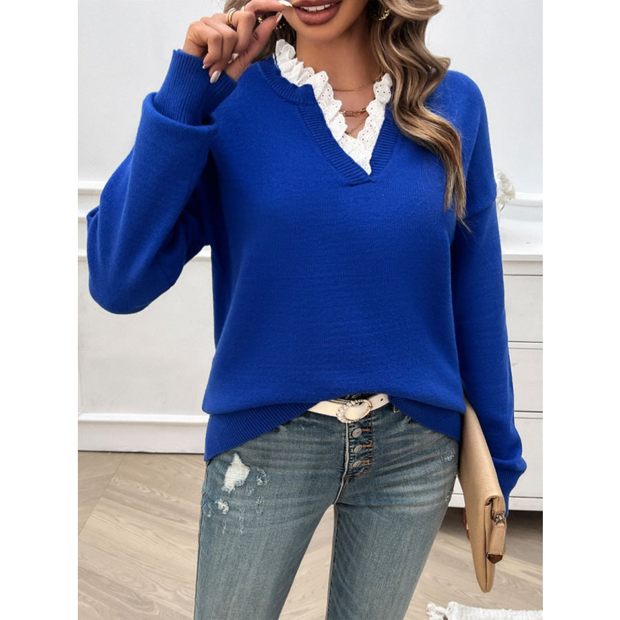 Lace Detail Notched Long Sleeve Sweater Apparel and Accessories