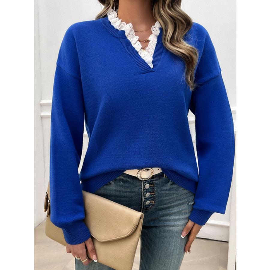 Lace Detail Notched Long Sleeve Sweater Apparel and Accessories