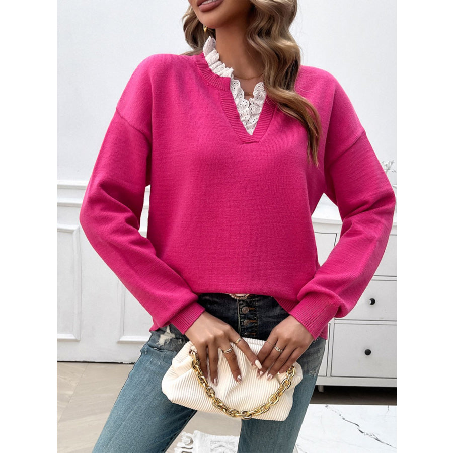 Lace Detail Notched Long Sleeve Sweater Apparel and Accessories