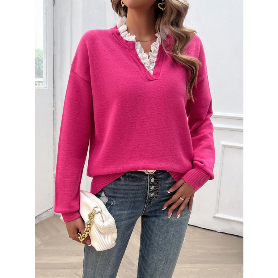 Lace Detail Notched Long Sleeve Sweater Apparel and Accessories