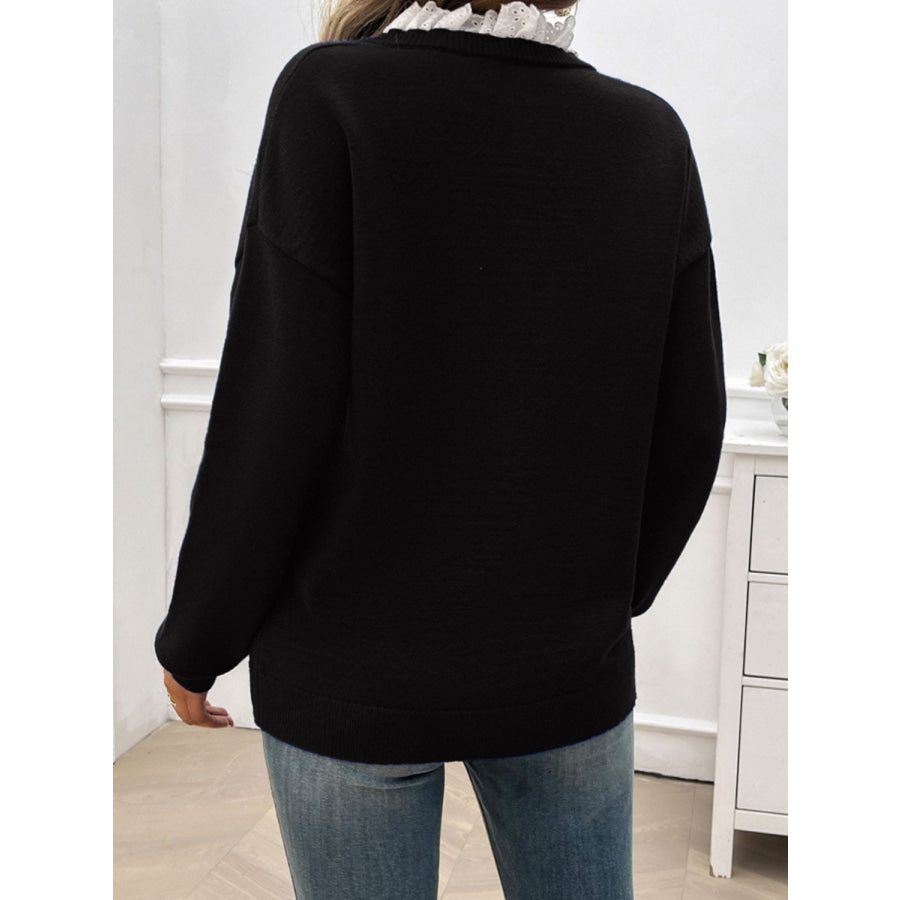 Lace Detail Notched Long Sleeve Sweater Apparel and Accessories