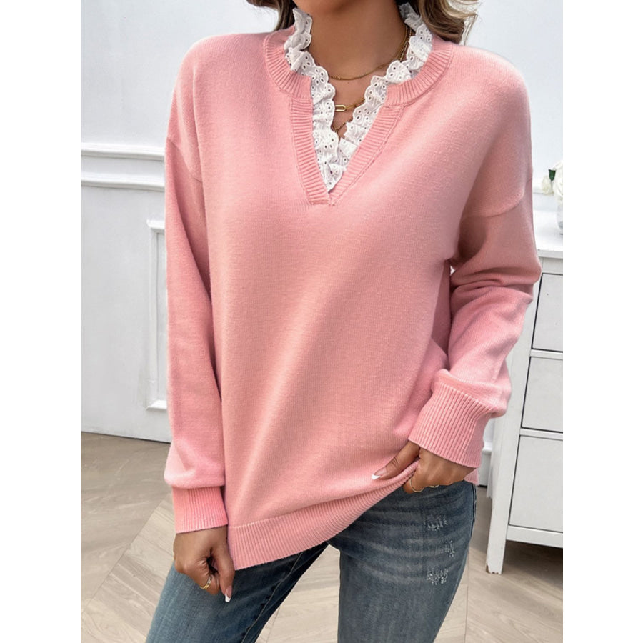 Lace Detail Notched Long Sleeve Sweater Apparel and Accessories