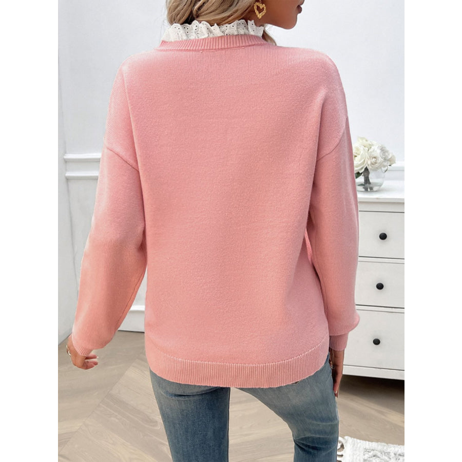 Lace Detail Notched Long Sleeve Sweater Apparel and Accessories