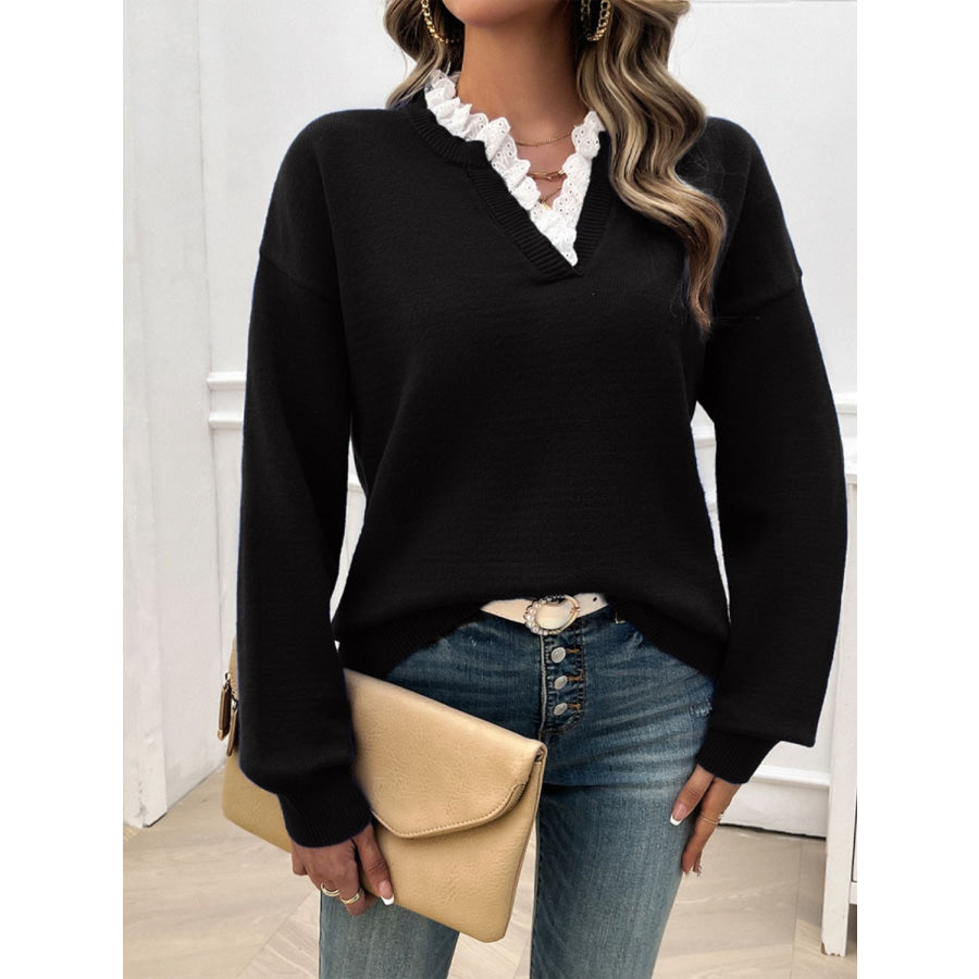 Lace Detail Notched Long Sleeve Sweater Black / S Apparel and Accessories