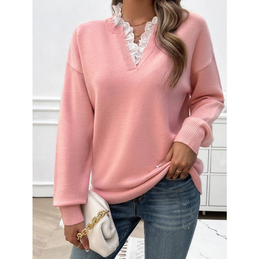 Lace Detail Notched Long Sleeve Sweater Blush Pink / S Apparel and Accessories